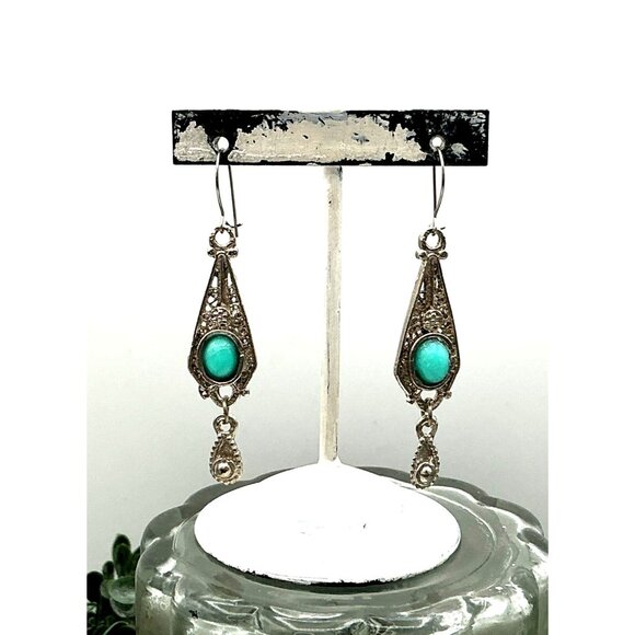 Vintage-Inspired Silver Tone Drop Earrings With Filigree Design and a Turquoise - Picture 7 of 7